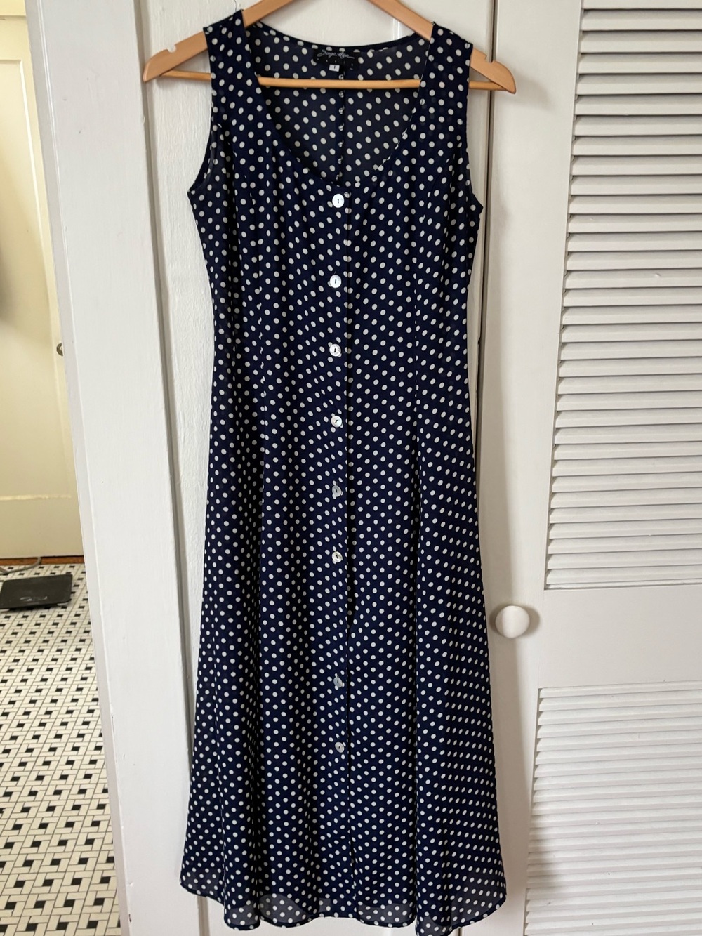 Vintage Serge Adar Sleeveless Navy Polka Dot Button-Front Midi Dress Sz Small